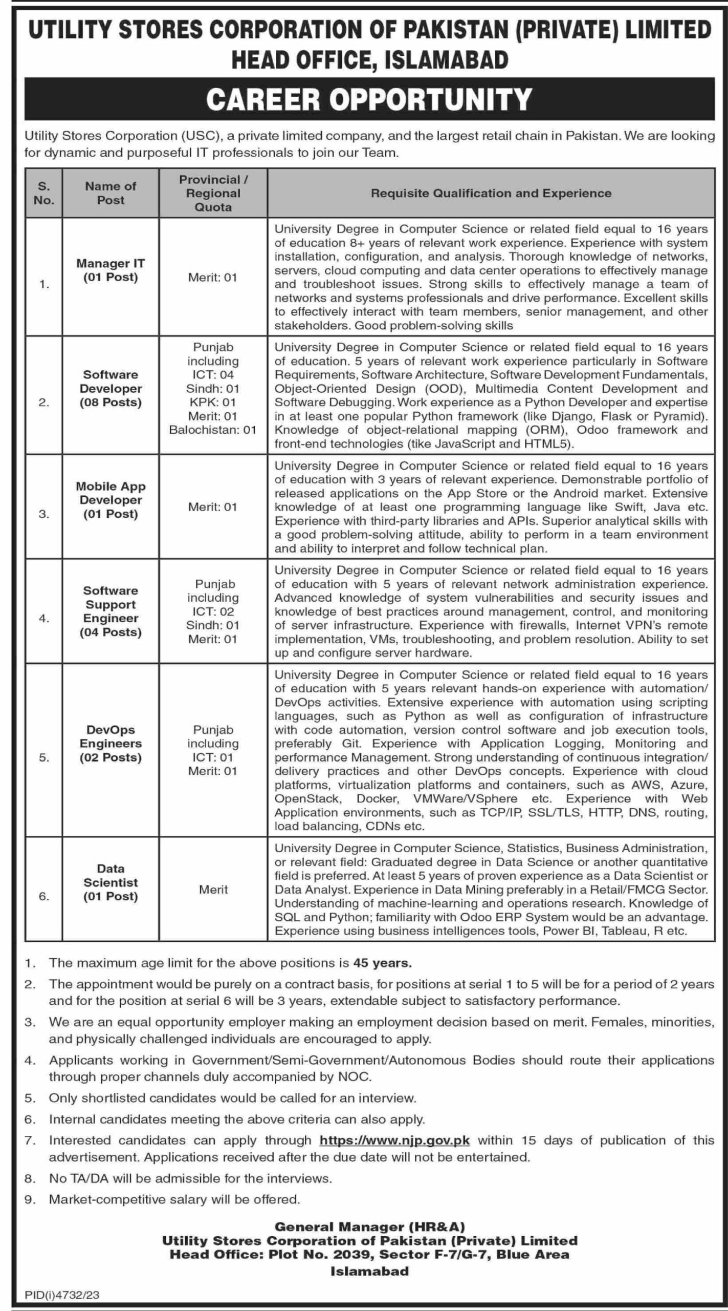 Utility Stores Corporation Of Pakistan Private Limited Jobs 2024