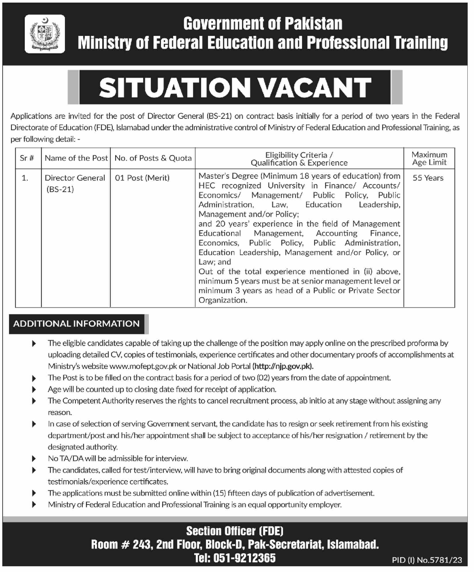 Ministry Of Federal Education And Professional Training Jobs 2024 Apply Online