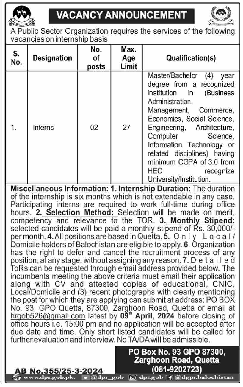 Public Sector Organization Quetta Job Vacancies 2024