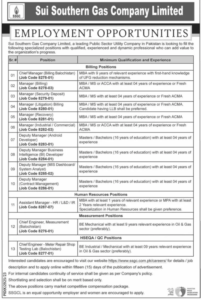 Ssgc Jobs 2024 Apply Online, Sui Southern Gas Company Limited, Ssgc, Energy Sector, Career Opportunities, Pakistan, Public Sector, Utility Company, Vacancies, Specialized Positions, Departments, Billing, Human Resources, Measurement, Chief Manager, Manager, Assistant Manager, Chief Engineer, Balochistan, Qualifications, Experience, Mba, Acca, Ms, Acma, Llb, Masters, Bachelors, Be Mechanical, Be Industrial, Mba Hr, Mpa, Oil &Amp; Gas Sector, Application Process, Online Application, Equal Opportunity Employer, Women Encouraged To Apply, Official Advertisement.