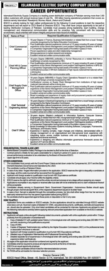 Islamabad Electric Supply Company Jobs 2024, Iesco, Islamabad Electric Supply Company, Power Distribution, Pakistan, Customers, Revenue, Districts, Rawalpindi, Murree, Attock, Jhelum, Chakwal, C-Level Positions, Leadership, Chief Commercial Advisor, Chief Hr &Amp; Career Planning Officer, Chief Supply Chain Management Officer, Chief Technical/Engineering Advisor, Chief It Officer, Qualifications, Experience, Recruitment, Opportunity, Expertise, Sales, Client Relationship Management, Human Resources, Supply Chain, Operations, Electrical Engineering, Information Technology, Remuneration, Tenure, Age Limit, Application Process, Eligibility Criteria, Fit And Proper Criteria, Selection Process, Contact Information, Official Advertisement, Electricity Theft, Bill Payment.