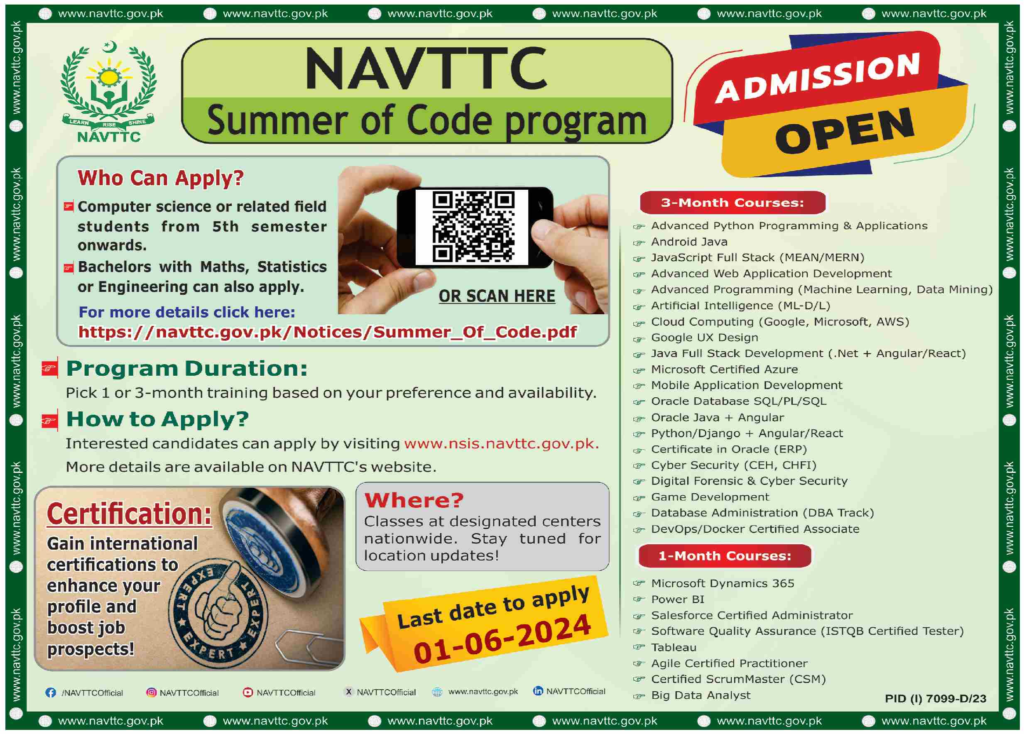 Navttc Summer Of Code Program 2024 Apply Online, Navttc Summer Of Code Program Eligibility, Navttc Summer Of Code Program Free, Navttc Institute List, Www.nsis.navttc.gov.pk Online Apply, Navttc Merit List 2024,