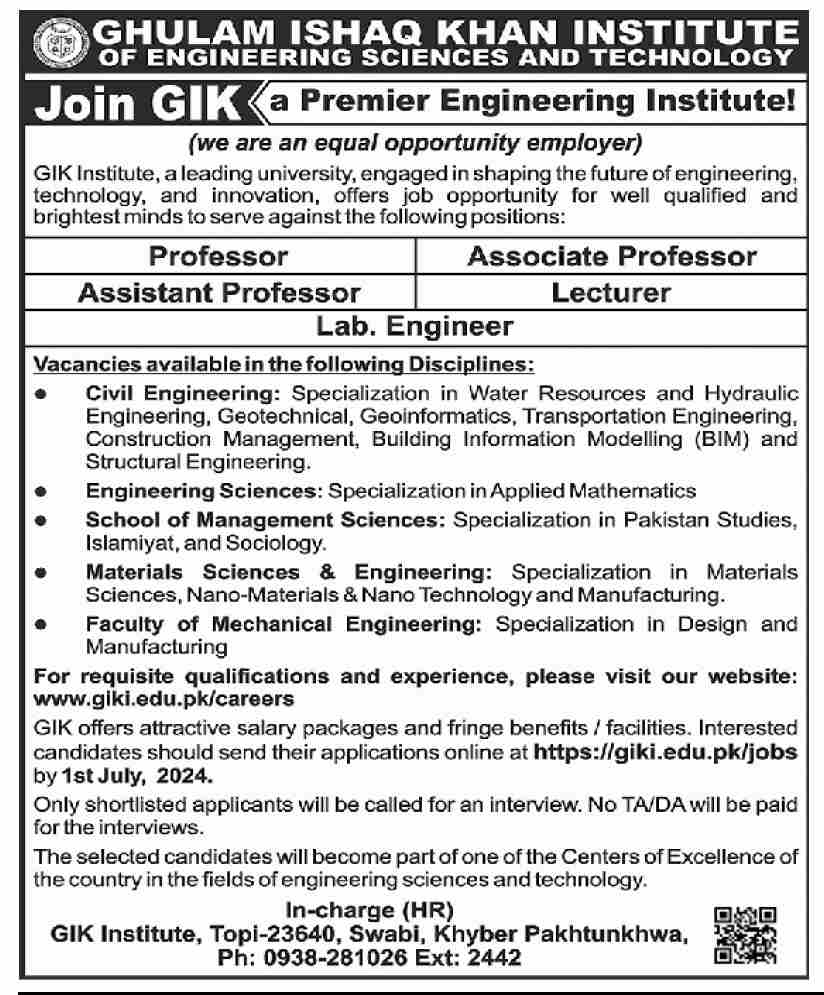 Ghulam Ishaq Khan Institute Of Engineering Science And Technology Jobs