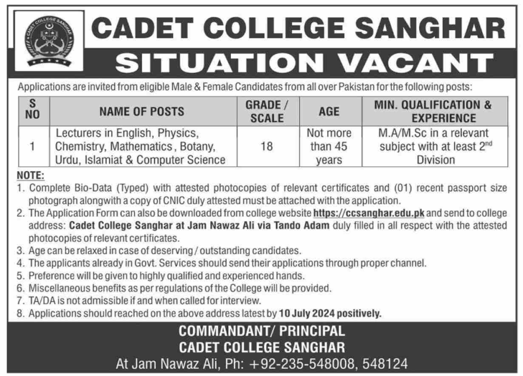 Situation Vacant At Cadet College Sanghar 2024, Cadet College Sanghar Jobs Apply Online, Cadet College Sanghar Jobs 2024, Situation Vacant At Cadet College Sanghar 2024 Pdf, Situation Vacant At Cadet College Sanghar 2024 Merit List, Situation Vacant At Cadet College Sanghar 2024 Last Date, Situation Vacant At Cadet College Sanghar 2024 Apply,