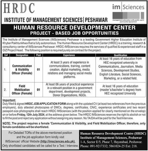 Hrdc Institute Of Management Sciences Peshawar Project-Based Job Opportunities