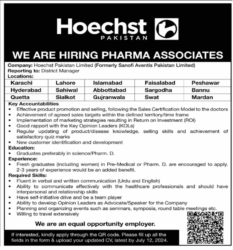  Job Opportunity Pharma Associates At Hoechst Pakistan Limited, Latest Hoechst Pakistan Limited Medical Jobs 2024, Hoechst Pakistan Limited Head Office Jobs With Address, Searle Pharmaceuticals Pakistan Ltd Jobs, Sanofi-Aventis Pakistan Limited Jobs 2024, Hoechst Pakistan Limited Jobs Salary, Hoechst Pakistan Limited Jobs In Karachi,
