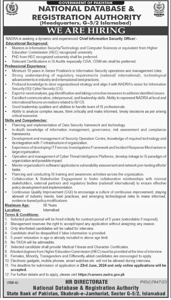Job Opportunity of Chief Information Security Officer at NADRA 2 Job Opportunity of Chief Information Security Officer at NADRA, Nadra jobs Pakistan, Nadra Jobs Karachi, NADRA Jobs 2024 apply online, www.nadra.gov.pk jobs application form, www.nadra.gov.pk apply online, NADRA Jobs 2024 for female, NADRA Jobs 2024 last date,