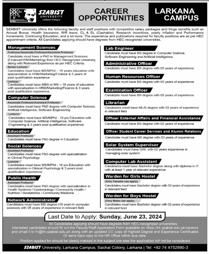 Career Opportunities SZABIST University Larkana 2 Career Opportunities SZABIST University Larkana, Szabist larkana Faculty, Szabist university larkana jobs salary, Szabist jobs 2024, SZABIST Staff Application Form, Larkana University jobs, Szabist larkana Faculty, Zabdesk Larkana, SZABIST Karachi Jobs 2024, Larkana University jobs, SZABIST Larkana contact number,