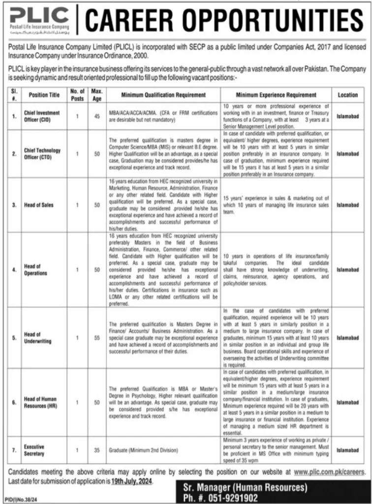 Postal Life Insurance Company Limited PLICL Jobs 2024 Islamabad 2 Postal Life Insurance Company Limited PLICL Jobs