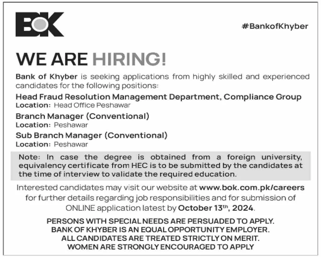 Latest Positions Available at the Bank of Khyber 2024 1 Latest Positions Available at the Bank of Khyber 2024