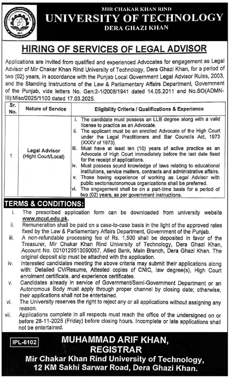 Mir Chakar Khan Rind University Of Technology MCUT Jobs 2025
